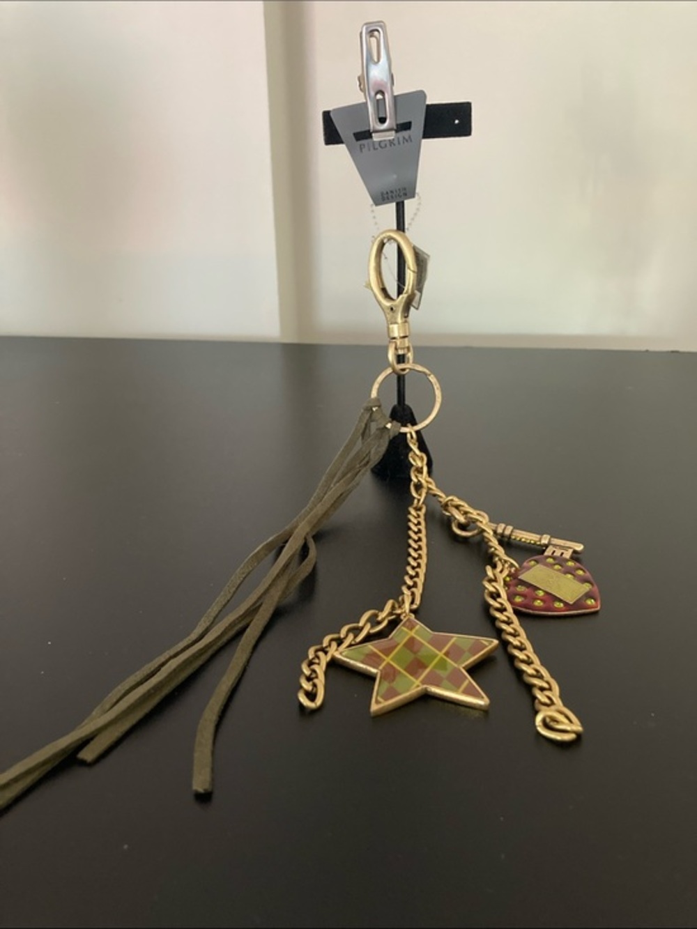 Pilgrim Olive & Gold Star and Heart Charm Tassel Keychain
